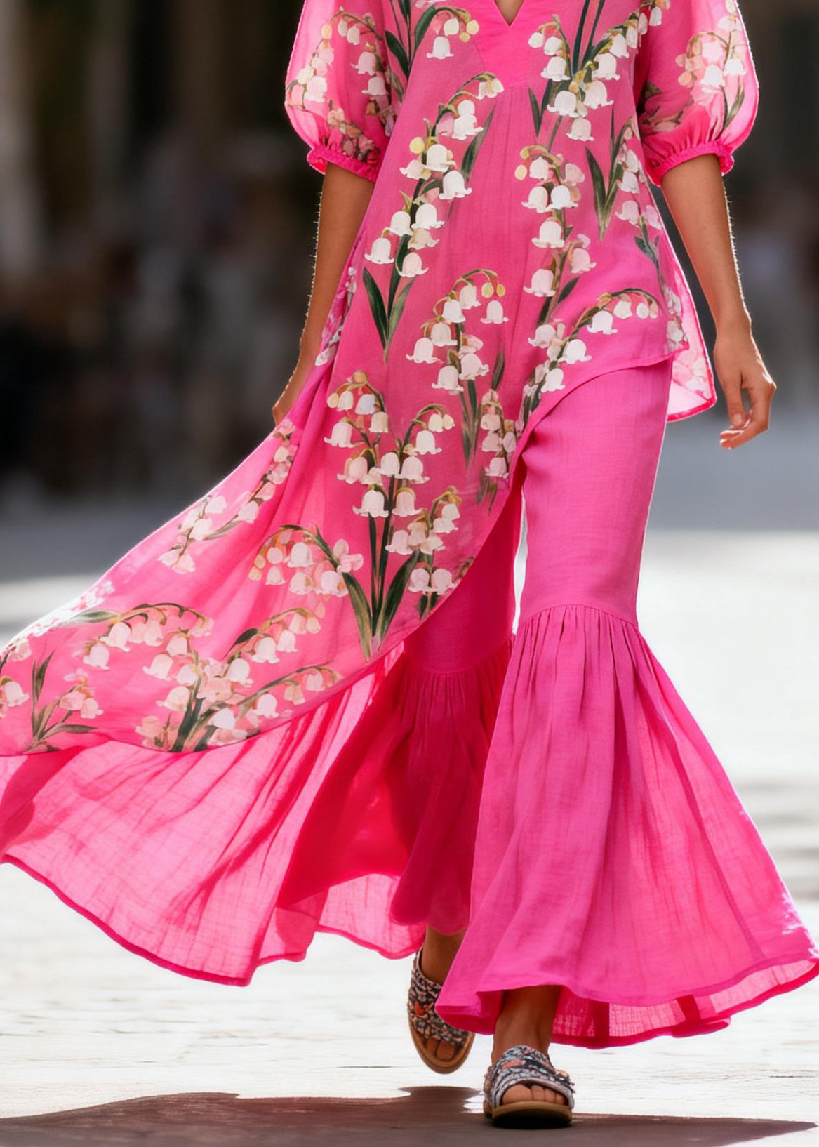 Style Asymmetrical Print Top And Pants Cotton Two Pieces Set Summer