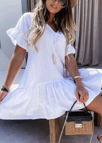 Style Baby Blue V Neck Patchwork Vacation Mid Dresses Summer