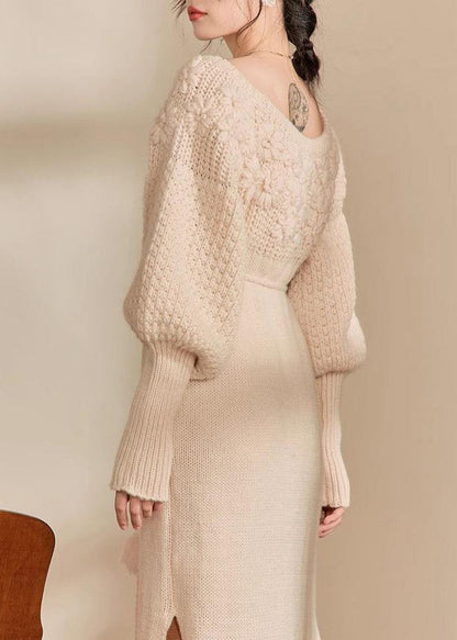 Style Beige Cold Shoulder Tie Waist Cotton Knit Long Dress Winter
