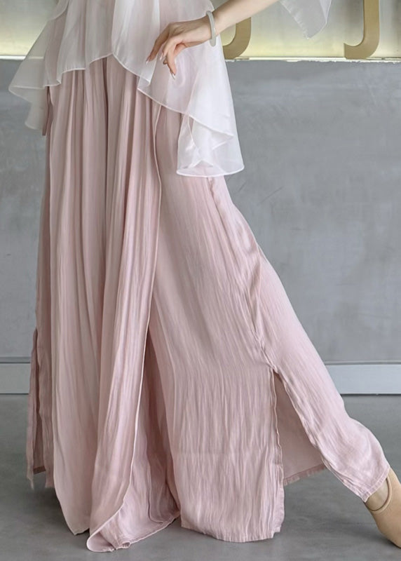 Style Beige Elastic Waist Side Open Cotton Wide Leg Pants Skirt Spring