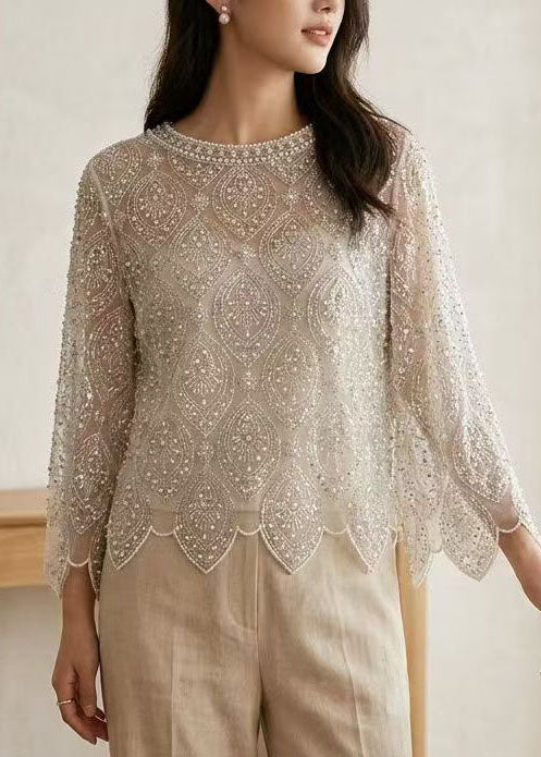 Style Beige Embroidered Nail Bead Tulle Tops Summer