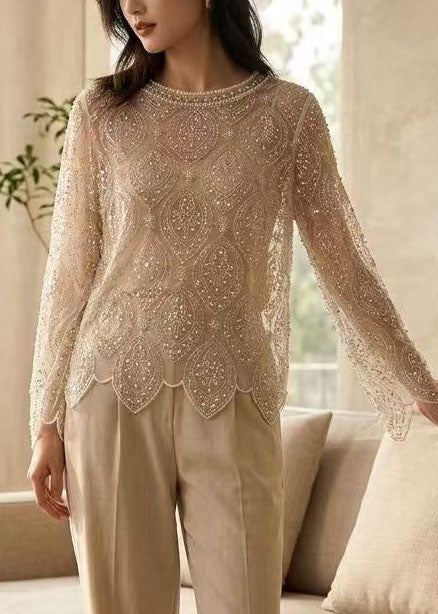 Style Beige Embroidered Nail Bead Tulle Tops Summer