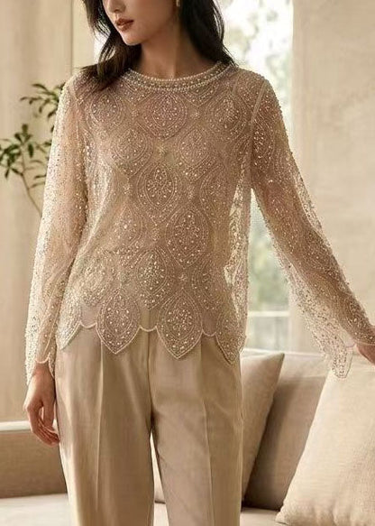 Style Beige Embroidered Nail Bead Tulle Tops Summer