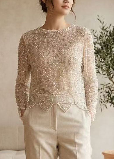 Style Beige Embroidered Nail Bead Tulle Tops Summer
