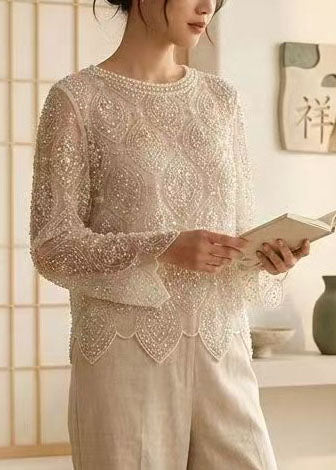 Style Beige Embroidered Nail Bead Tulle Tops Summer