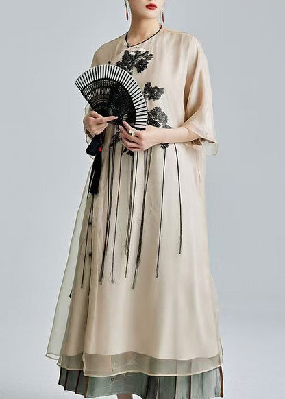 Style Beige Embroidered Tasseled Silk Ankle Dress Summer