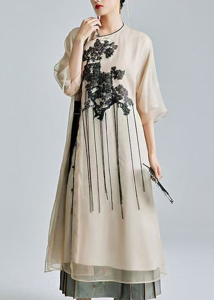 Style Beige Embroidered Tasseled Silk Ankle Dress Summer