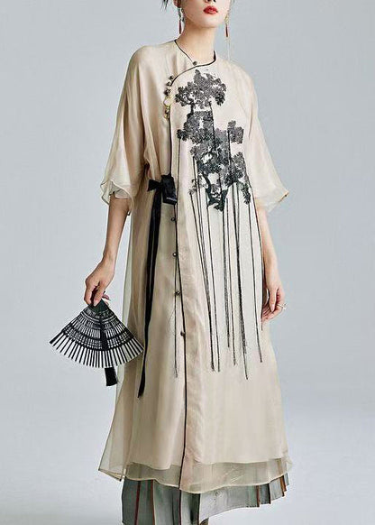 Style Beige Embroidered Tasseled Silk Ankle Dress Summer