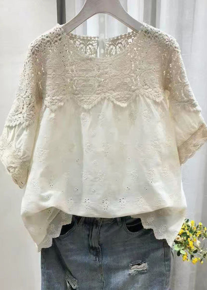 Style Beige O-Neck Hollow Out Tops Summer