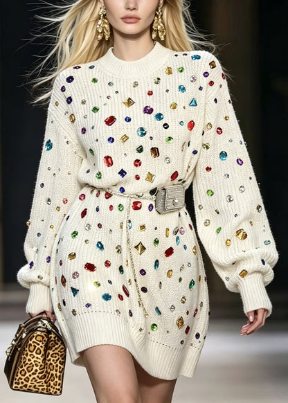 Style Beige O Neck Multi Zircon Knit Sweater Dress Fall