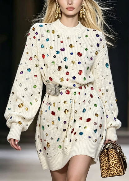 Style Beige O Neck Multi Zircon Knit Sweater Dress Fall