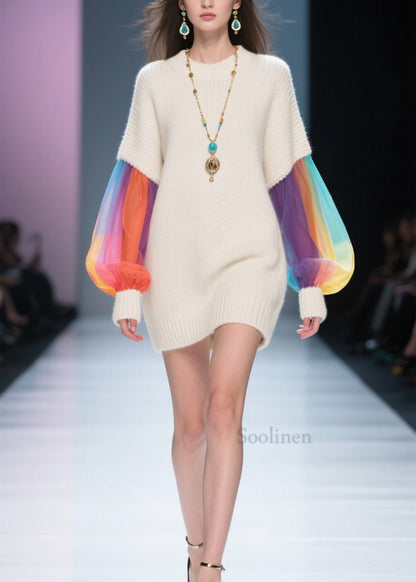 Style Beige O Neck Tulle Patchwork Knit Dress Fall