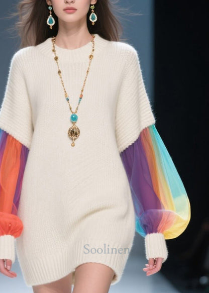 Style Beige O Neck Tulle Patchwork Knit Dress Fall