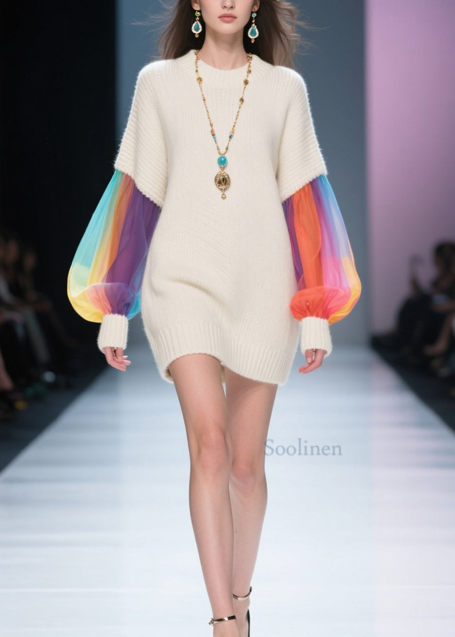 Style Beige O Neck Tulle Patchwork Knit Dress Fall