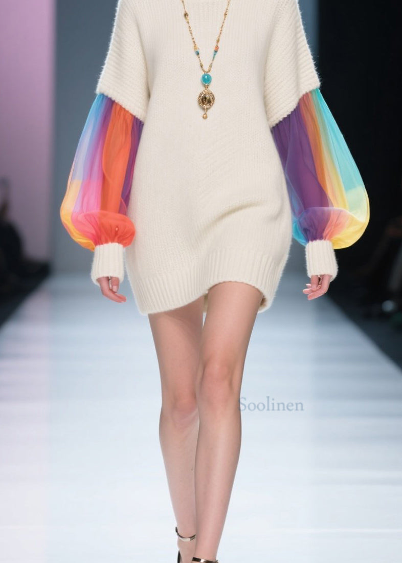 Style Beige O Neck Tulle Patchwork Knit Dress Fall