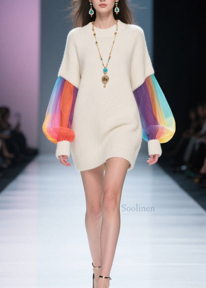 Style Beige O Neck Tulle Patchwork Knit Dress Fall