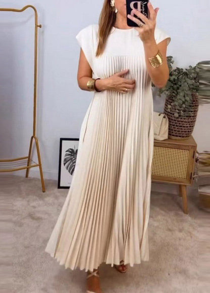 Style Beige O-Neck Wrinkled Solid Long Dress Summer