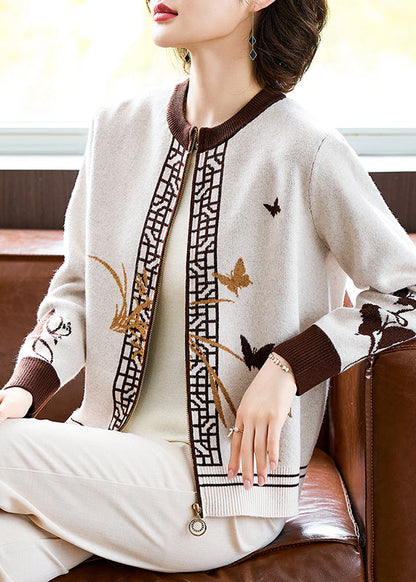 Style Beige Patchwork Cotton Knit Coats Fall