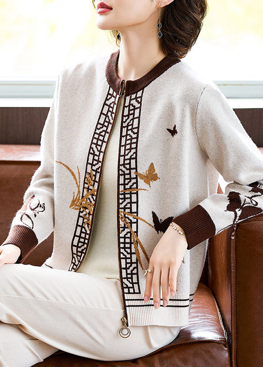 Style Beige Patchwork Cotton Knit Coats Fall