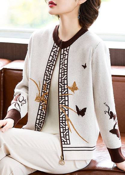 Style Beige Patchwork Cotton Knit Coats Fall