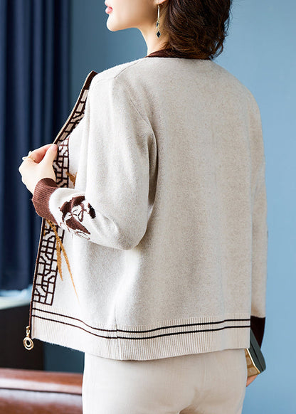 Style Beige Patchwork Cotton Knit Coats Fall