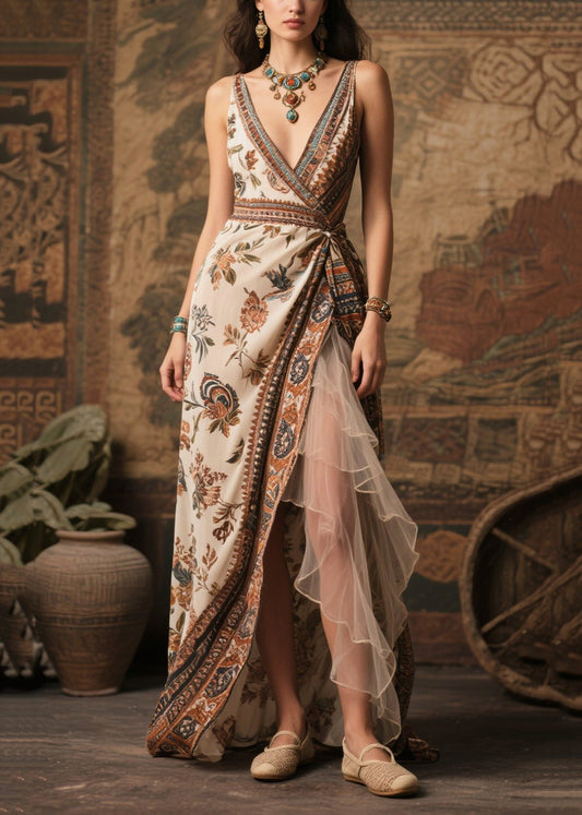 Style Beige Print Side Open Chiffon Beach Dress Summer
