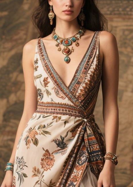 Style Beige Print Side Open Chiffon Beach Dress Summer