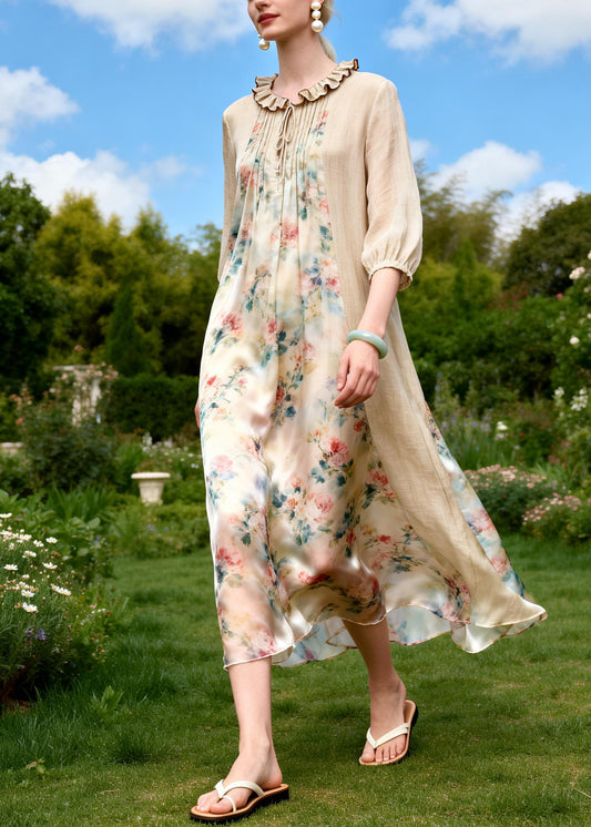 Style Beige Ruffled Patchwork Print Chiffon Long Dresses Summer