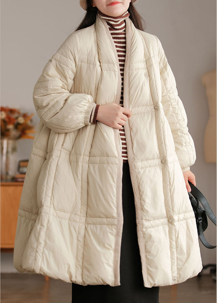 Thickened Winter Cotton Coat with Stand Collar and Pockets in Beige Style