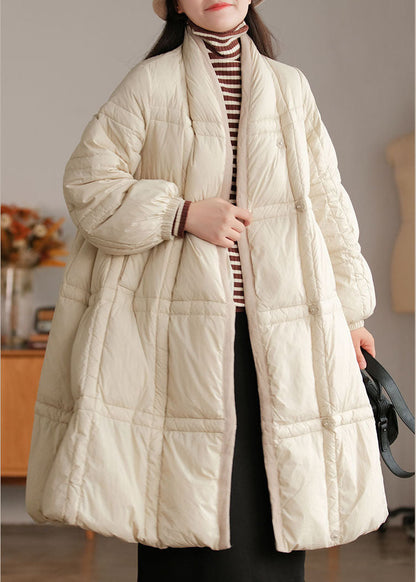Thickened Winter Cotton Coat with Stand Collar and Pockets in Beige Style