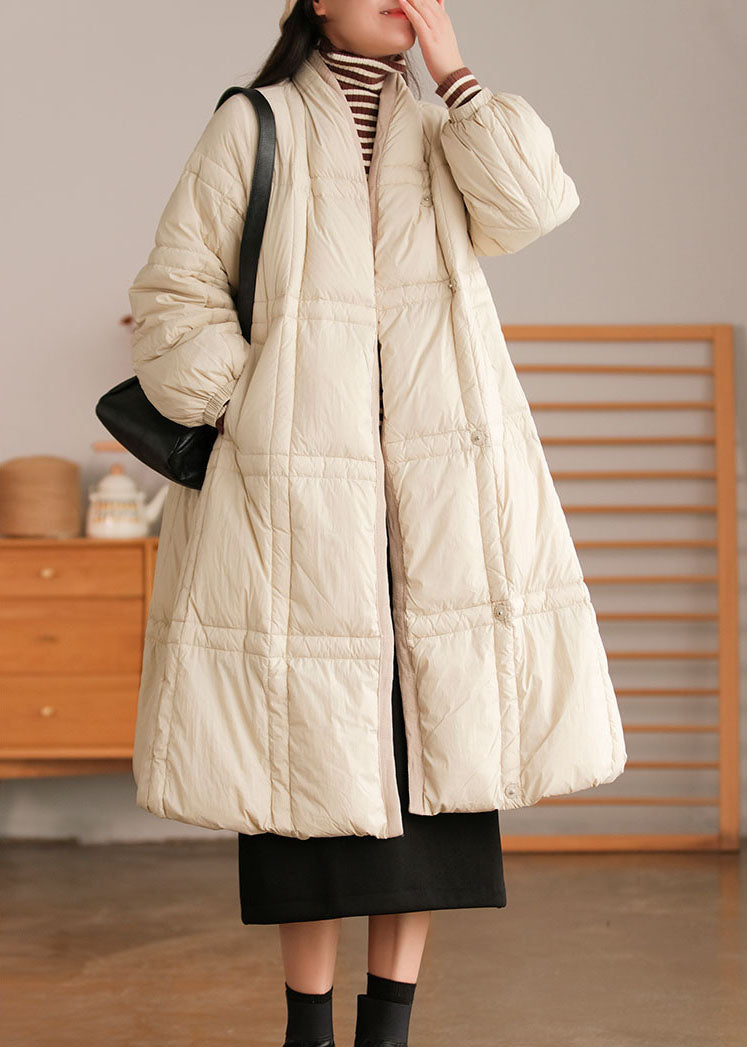 Thickened Winter Cotton Coat with Stand Collar and Pockets in Beige Style