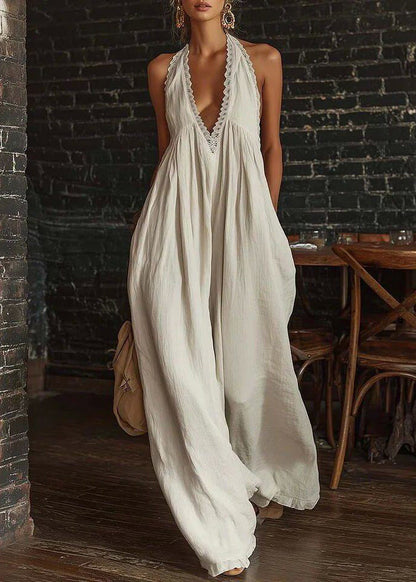 Style Beige V Neck Patchwork Cotton Halter Jumpsuit Summer