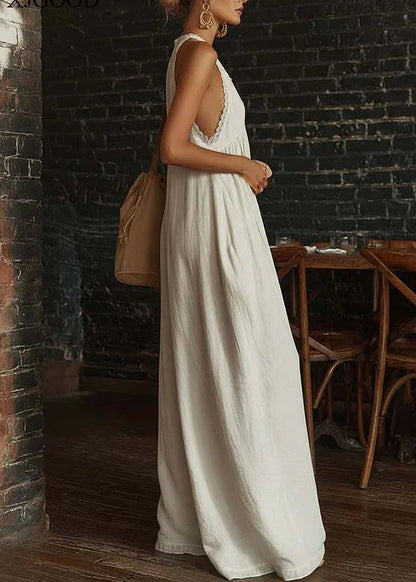 Style Beige V Neck Patchwork Cotton Halter Jumpsuit Summer