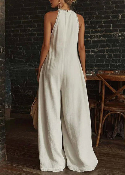 Style Beige V Neck Patchwork Cotton Halter Jumpsuit Summer