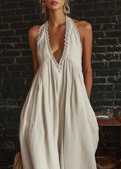 Style Beige V Neck Patchwork Cotton Halter Jumpsuit Summer