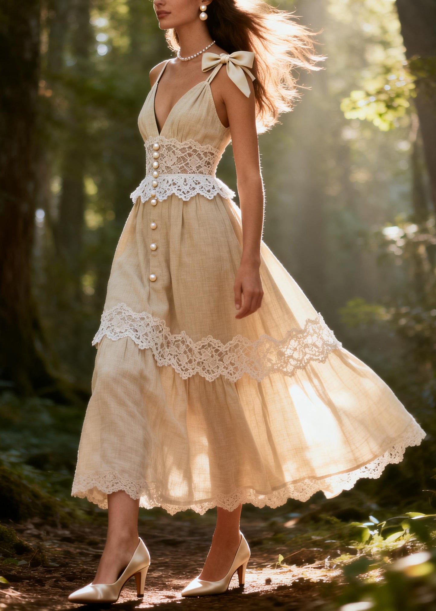 Style Beige V Neck Patchwork Fine Pearl Cotton Spaghetti Strap Dress Summer