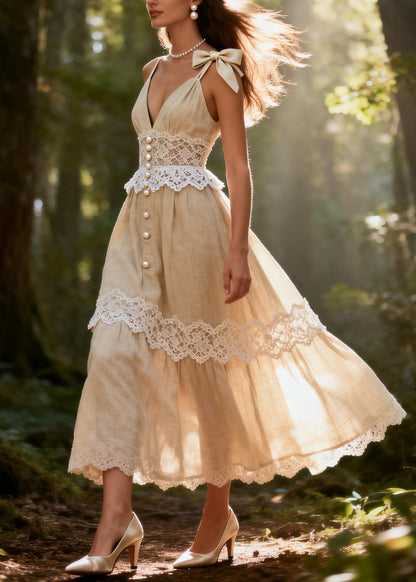 Style Beige V Neck Patchwork Fine Pearl Cotton Spaghetti Strap Dress Summer