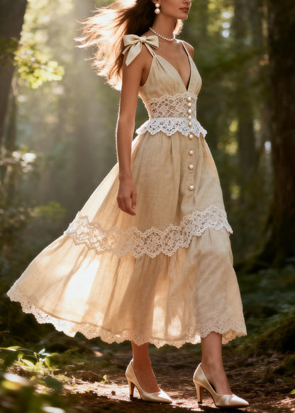 Style Beige V Neck Patchwork Fine Pearl Cotton Spaghetti Strap Dress Summer