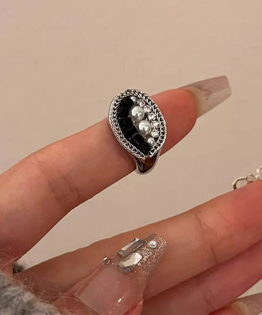 Style Black Alloy Zircon Pearl Tiger's Eye Open Rings