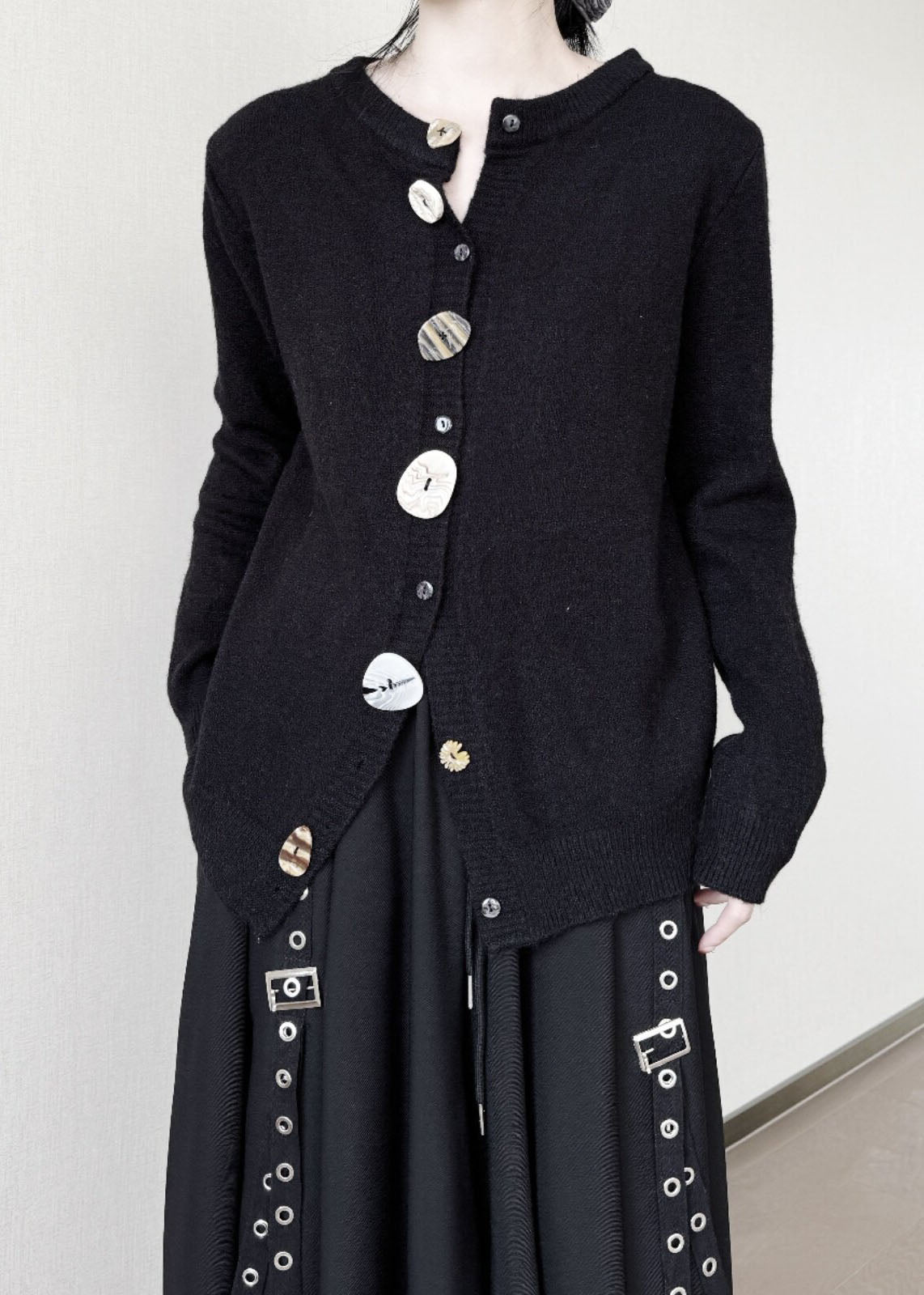 Style Black Asymmetrical Button Knit Cardigans Winter