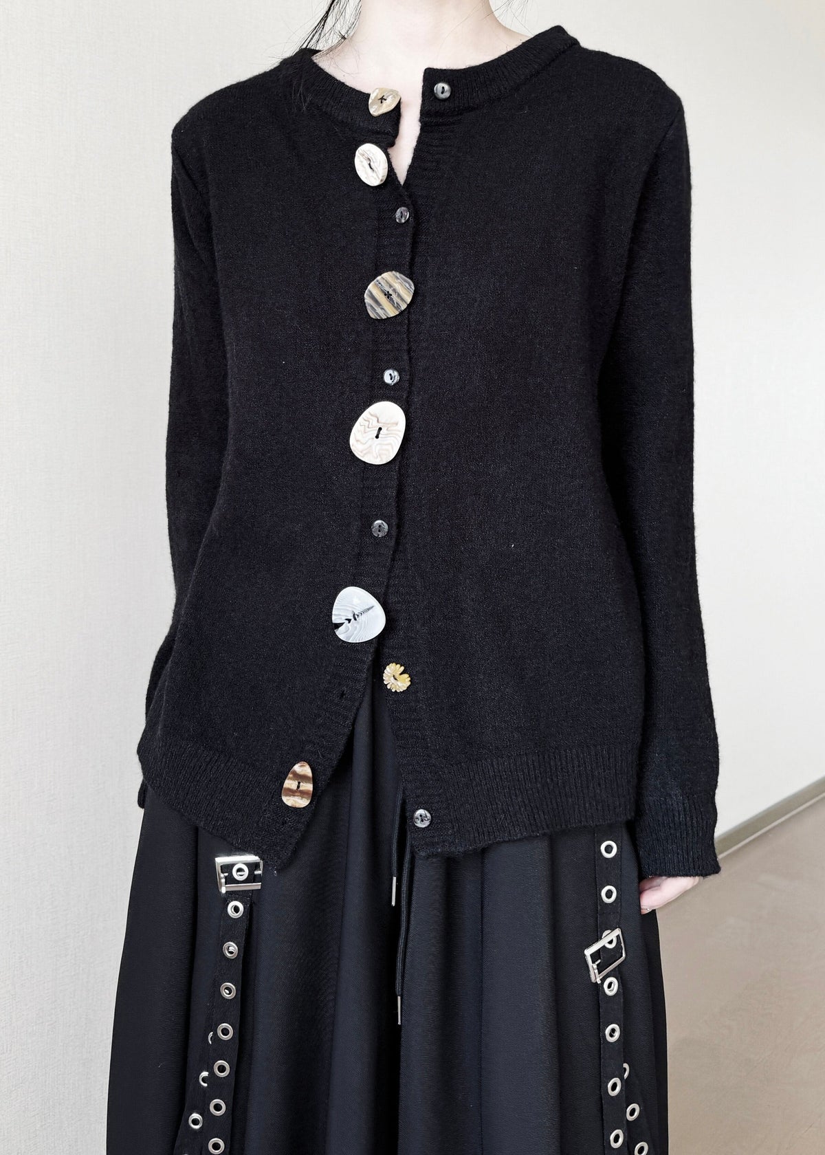 Style Black Asymmetrical Button Knit Cardigans Winter