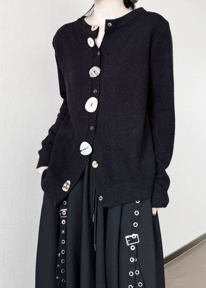 Style Black Asymmetrical Button Knit Cardigans Winter