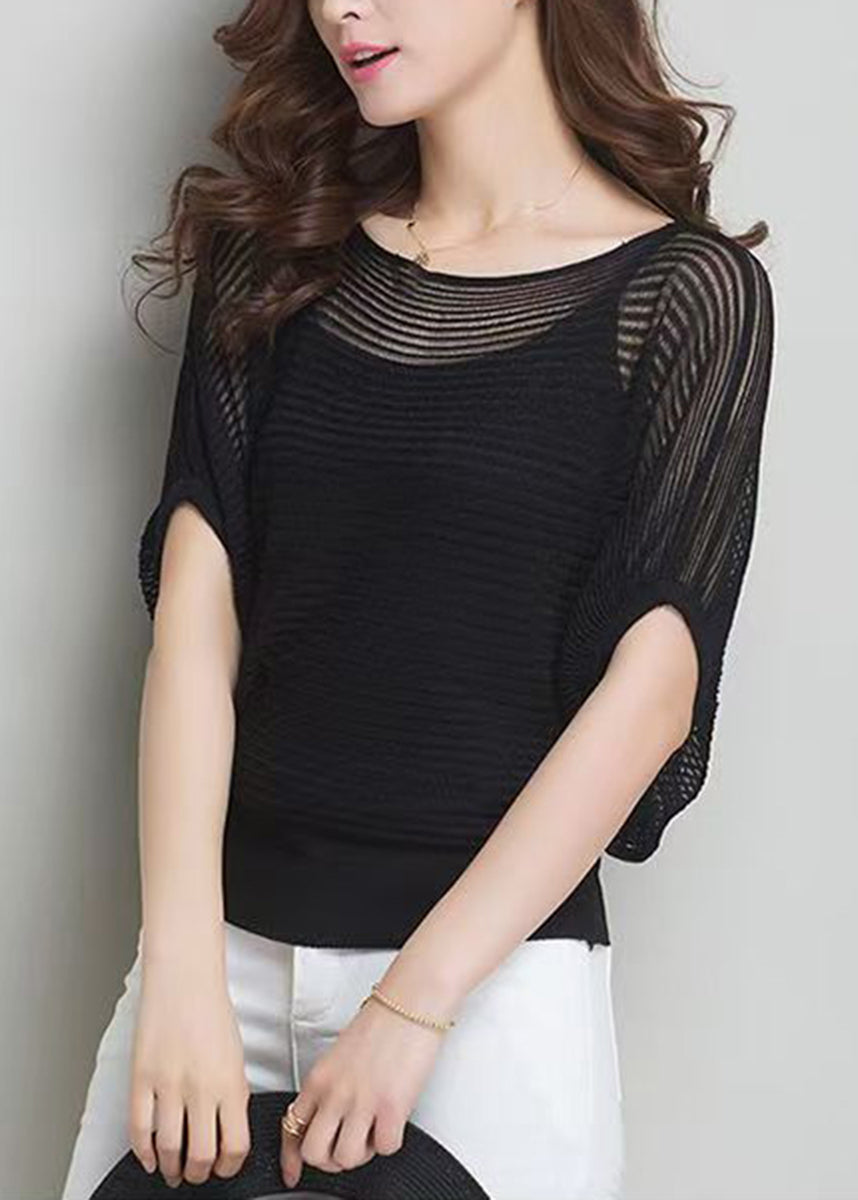 Style Black Boat Neck Knit Hollow Out Top And Camisole Two Pieces Set Fall