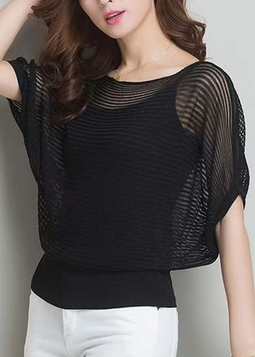 Style Black Boat Neck Knit Hollow Out Top And Camisole Two Pieces Set Fall