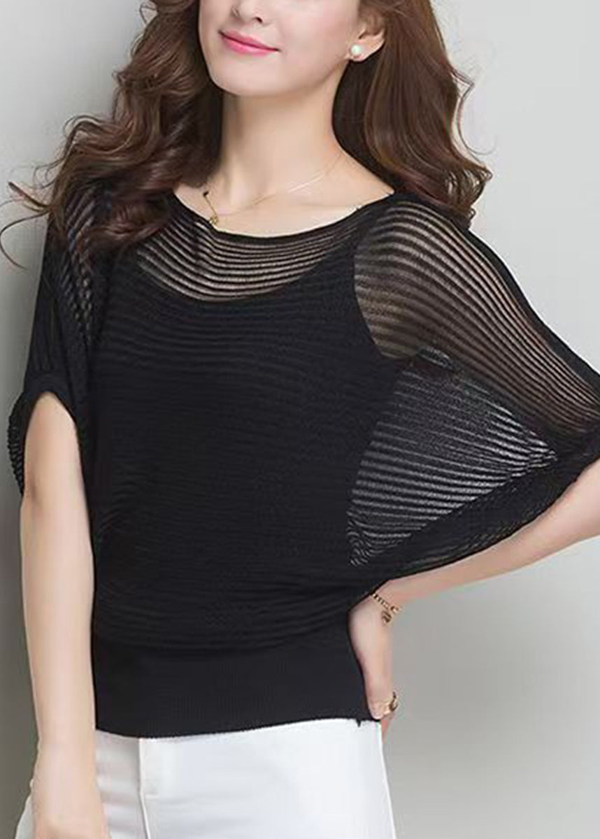 Style Black Boat Neck Knit Hollow Out Top And Camisole Two Pieces Set Fall