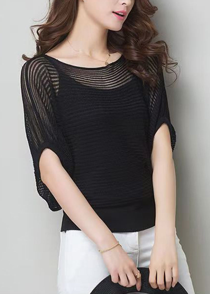 Style Black Boat Neck Knit Hollow Out Top And Camisole Two Pieces Set Fall
