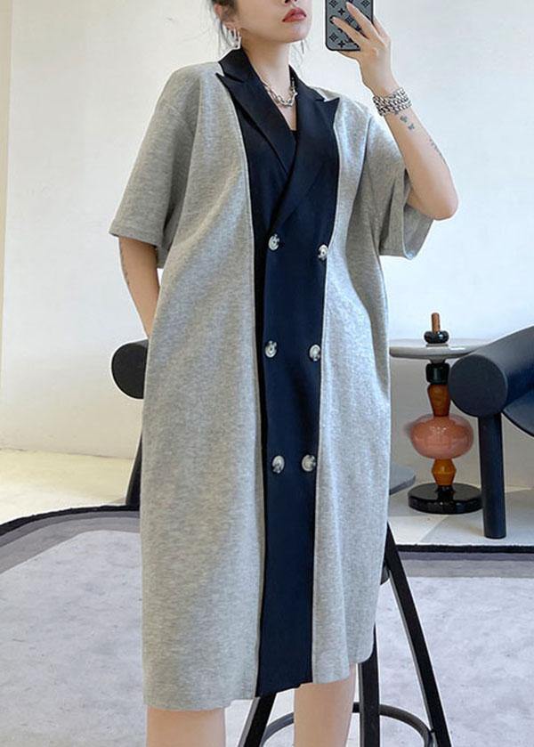 Style Black Button Patchwork Summer Short Sleeve Dress - SooLinen