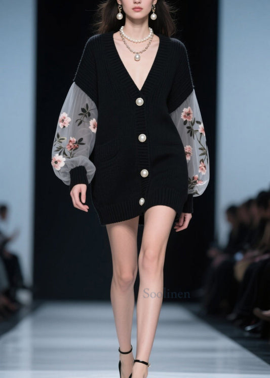 Style Black Button Tulle Floral Patchwork Knit Cardigan Fall