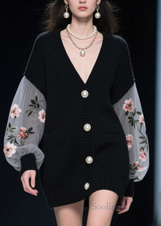 Style Black Button Tulle Floral Patchwork Knit Cardigan Fall
