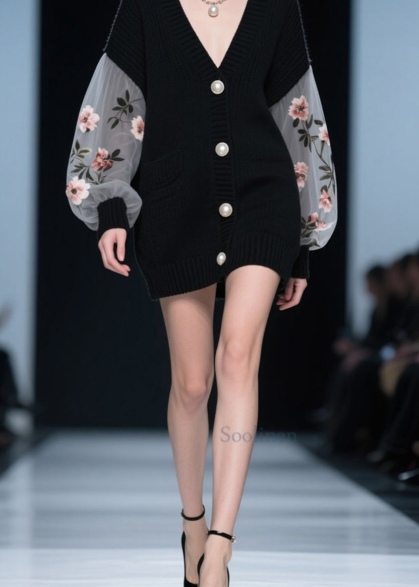 Style Black Button Tulle Floral Patchwork Knit Cardigan Fall